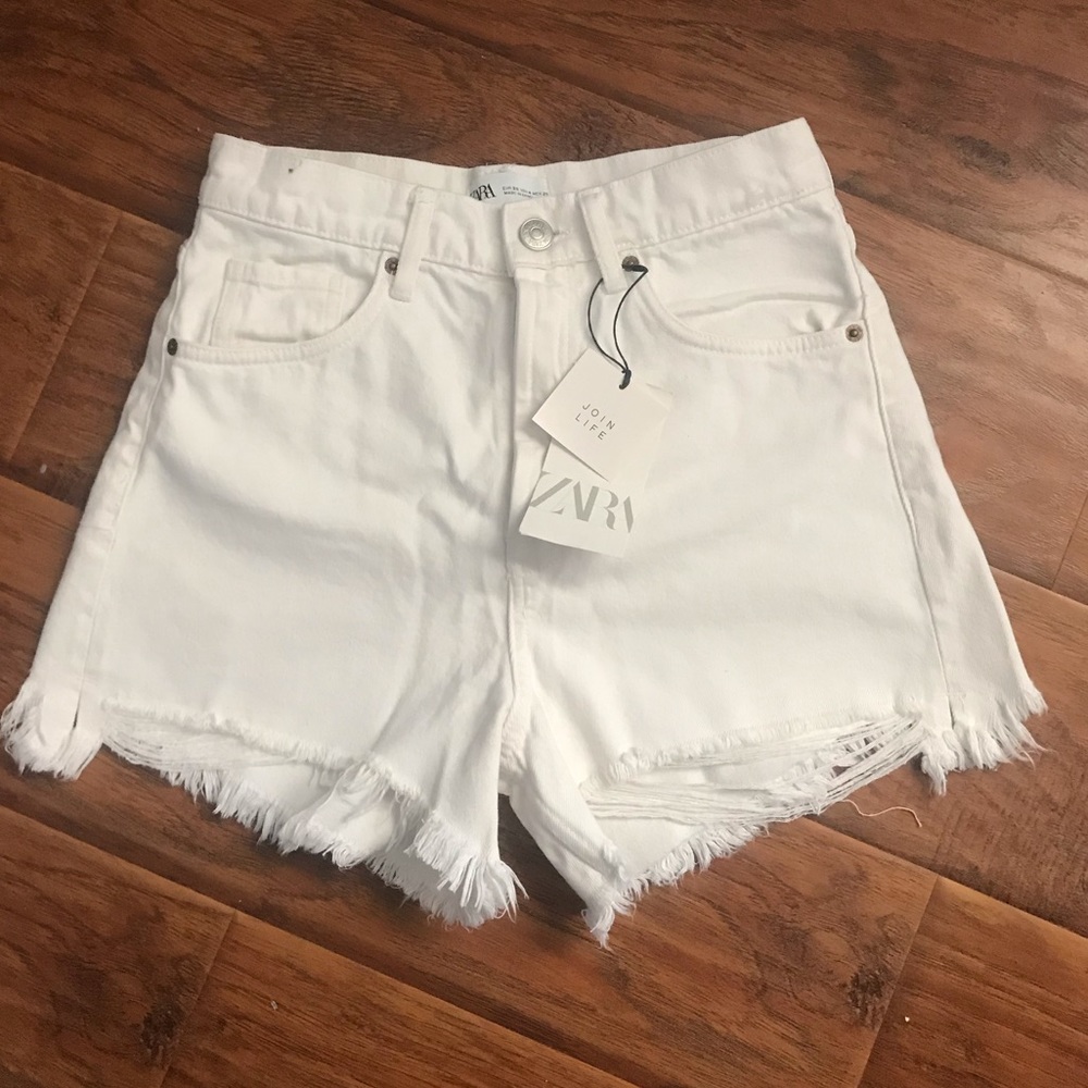 Zara White High Waisted Distressed Shorts